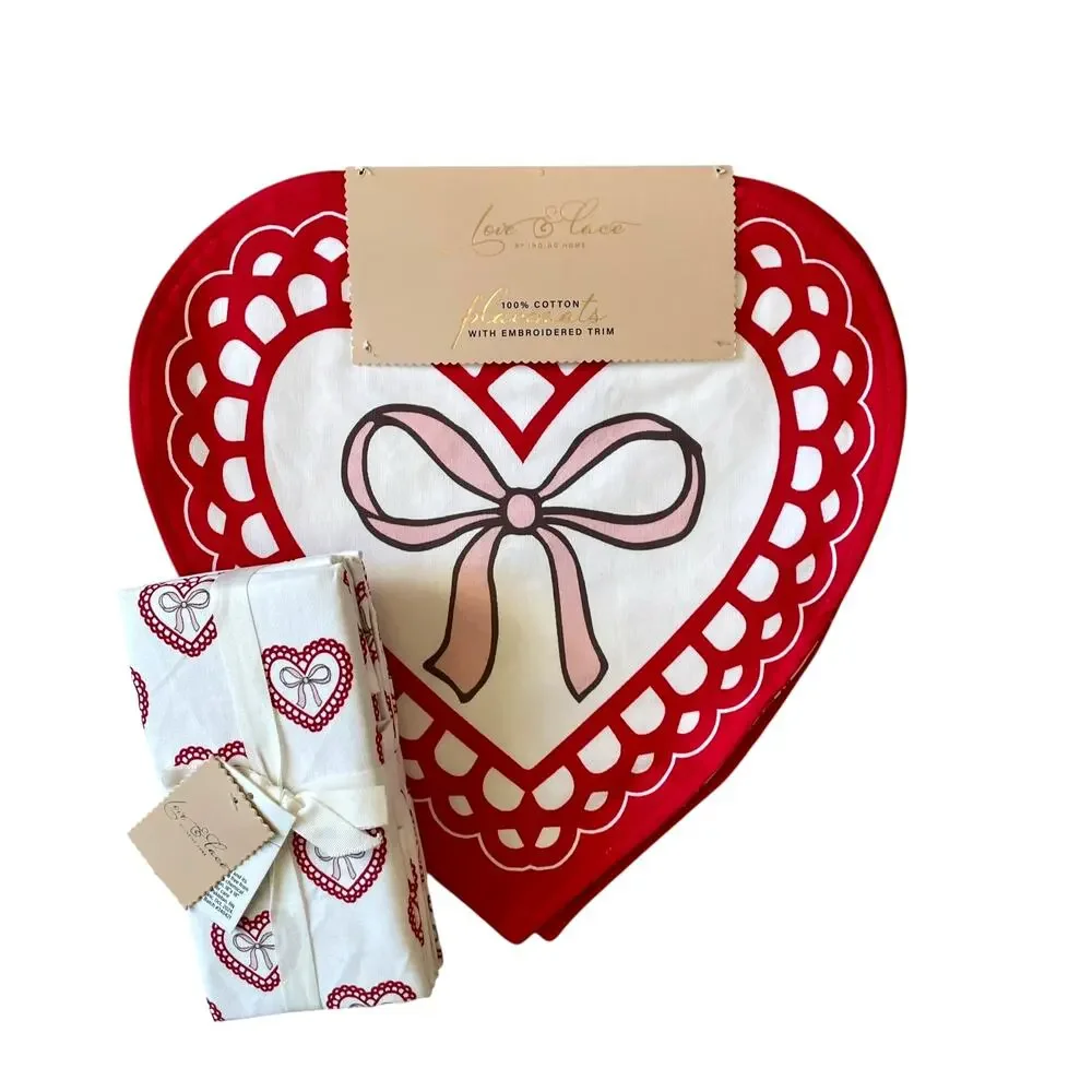 8pc Valentine Heart Placemat & Napkin Set 15in Cotton Pink Red White Love XO NEW
